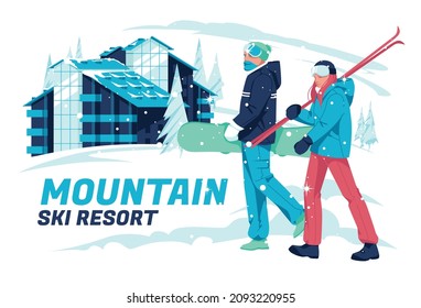 Two snowboarders, a man and a woman, walk to a mountain hotel in the background of a winter landscape. Accommodation in a ski resort. Winter sports. Flat vector illustratio