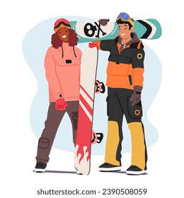 Two Snowboarders Strike Dynamic Poses, Their Vibrant Gear Popping Against A Clean White Backdrop. Characters Ready For Action, They Exude Energy And Style. Cartoon People Vector Illustration