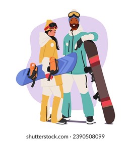 Two Snowboarders Strike Dynamic Poses On A Clean White Background, Sports Couple Character Showcasing Their Sporty And Adventurous Spirit With Enthusiasm And Style. Cartoon People Vector Illustration