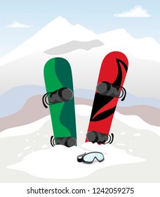 Two snowboards stand in the snowy mountains in the snow with glasses. Flat style illustration