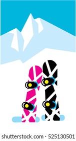 Two Snowboards standing in snow on the alps mountains background. Vector illustration.