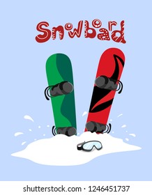 Two snowboards stuck in the snow with unique handwritten text Snowboard on a blue background