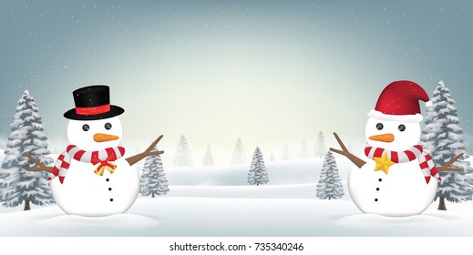 two snowman in forest snow winter background
