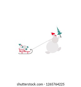 Two snowman icon. Snowmans skiing. Snowman with tree skiing.