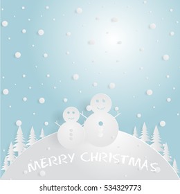 two snowman paper cut in winter and writing merry christmas.