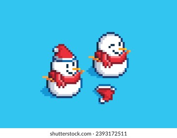 Two snowman wearing Santa hats and Christmas scarves Set on a blue floor, pixel art style, vector illustration isolated on blue background.