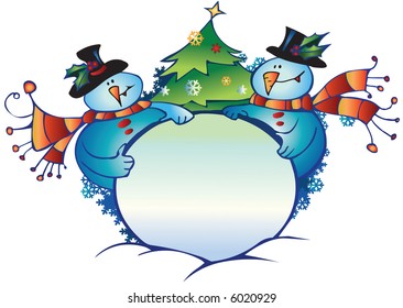 Two snowmans around white oval.