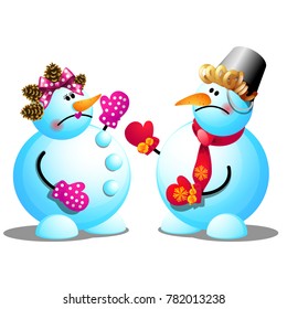Two snowmen argue and swear isolated on white background. Sample of poster, party holiday invitation, festive banner, card. Vector cartoon close-up illustration.