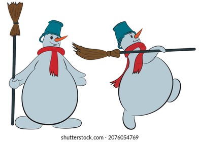 Two snowmen with a bucket on their head and a scarf and a broom in their hands, isolated on a white background. Vector illustration