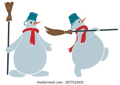 Two snowmen with a bucket on their head and a scarf and a broom in their hands, isolated on a white background. Vector illustration