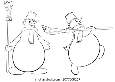 Two snowmen with a bucket on their head and a scarf and a broom in their hands, isolated on a white background. Vector illustration