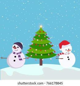Two snowmen with christmas tree