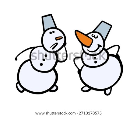 Two snowmen compete in the length of a carrot. Vector illustration of a winner and a loser. Size dominates. Isolated character on white background.