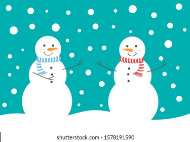 Two snowmen enjoy snow fall in winter scenery. Vector illustration.