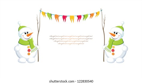 Two snowmen with festive garland. Vector illustration.