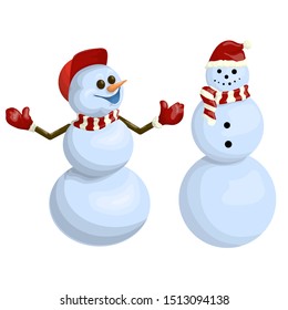 Two snowmen in a hat and cap with cartoon style scarves