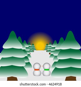 Two snowmen in love watching the sunset