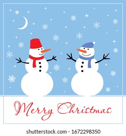 Two snowmen, Merry Christmas greeting card for your friends. Vector illustration
