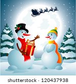 Two snowmen on the background of night sky with a bright moon and the silhouette of Santa Claus flying on a sleigh pulled by reindeer