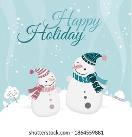 Two snowmen on a background of a winter landscape. Vector illustration.