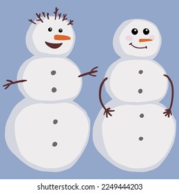 Two snowmen on light blue background. Vector childish illustration.