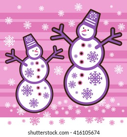 Two snowmen on a pink background with snowflakes 