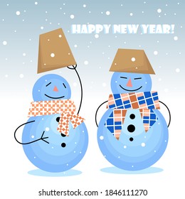 Two snowmen on a snowy blue background. Happy New Year. Vector