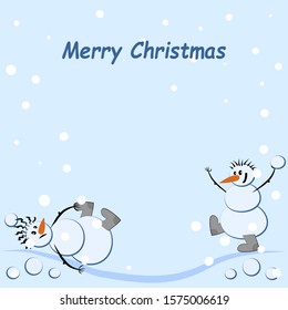 Two snowmen are playing snowballs, it is snowing, there is a greeting inscription