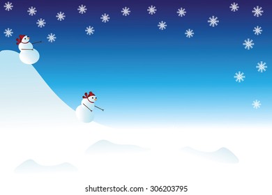 Two snowmen skate with a snow slide, for winter greeting cards , posters , banners, posters Compliance Safety during the Winter Games
