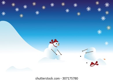Two snowmen skate with a snow slide, for winter greeting cards , posters , banners, posters Compliance Safety during the Winter Games