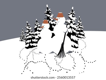 Two snowmen standing against the background of a winter landscape. White winter spruce forest in the snow. Greeting card design for Christmas and New Year. Vector illustration