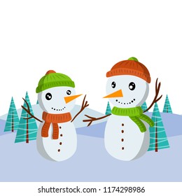 Two snowmen with sticks, red and green hat and scarf in the winter forest. Snow and Christmas and new year celebration. The children's entertainment. 