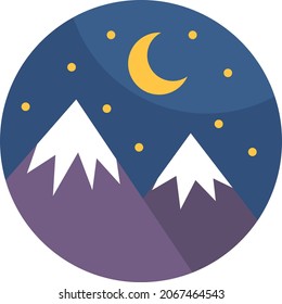 Two snowy mountains at night, illustration, vector, on a white background.