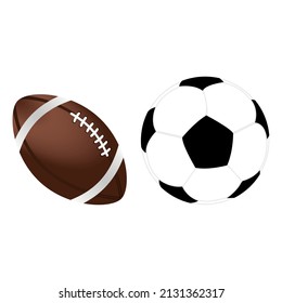 two soccer balls side by side. american football ball and classic black and white ball. vector illustration, eps 10.