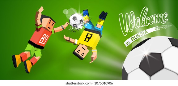 Two soccer players with ball on abstract background. Welcome to Russia flat style logo.Football player in Russia 2018. Vector illustration 