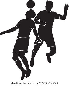 Two soccer players competing intensely for control of the airborne ball during a match silhouette vector icon