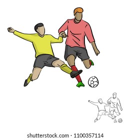 two soccer players fighting for a ball vector illustration sketch doodle hand drawn with black lines isolated on white background