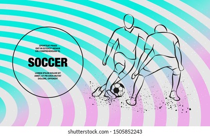 Two soccer players fighting for the ball. Forward and defender playing football. Vector outline of soccer players sport illustration.