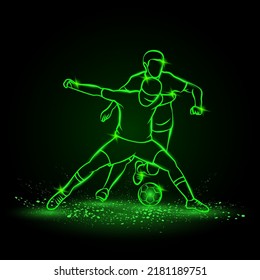 Two soccer players fighting for a ball. Green neon silhouette of a striker and football defender who blocks the ball.