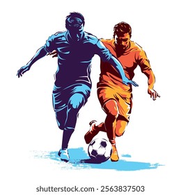 two soccer players fighting the ball, stylized vector illustration