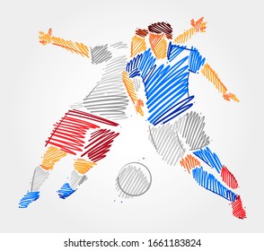 Two soccer players fighting over the ball. Simple drawing in blue and grayscale brush strokes on light background