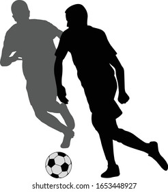 two soccer players kicking football in duel silhouette - vector