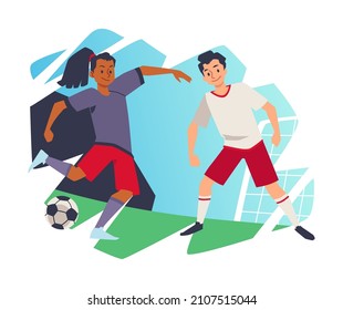 Two soccer players play football on green field. Match between teams in competition in flat vector illustrations isolated on white background. Teenage cartoon characters dribble, kick ball