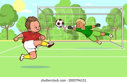 Two soccer players playing soccer on the field, scoring a goal .Vector cartoon illustration for children on a sports theme