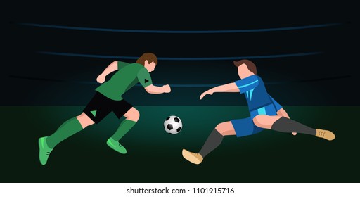 Two soccer Players in top form with the ball. Football players on dark background. vector illustration in flat style.