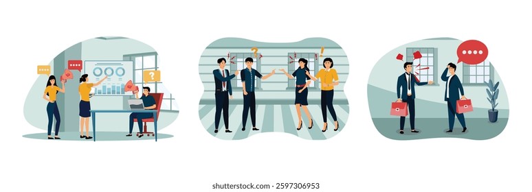 Two Society Groups Different Opinions and Disagreement. Managers people discuss business issues, shout, gesture. Business leader criticize and scold office workers. Set flat vector modern illustration