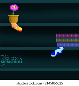 two socks of different colors that have been missing in the bookshelf for a long time with bold texts, National Lost Sock Memorial Day May 9