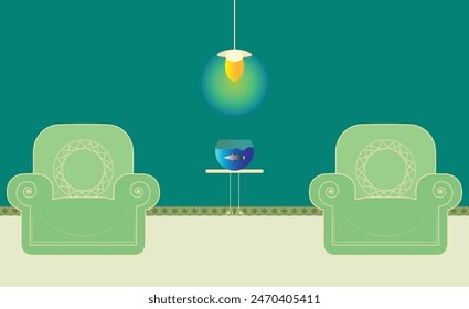 Two Sofa with Fish jar on Table in wide room dark color wall illustration. Modern furniture. Ceiling hanging light bulb. Beautiful apartment. Editable vector EPS available