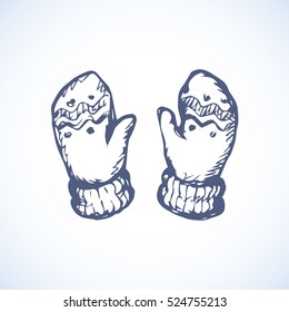 Two soft cute child ornate woolly jersey gauntlet mitts set isolated on white snow backdrop. Outline black ink drawn picture object sketchy in art scribble retro style pen on paper with space for text