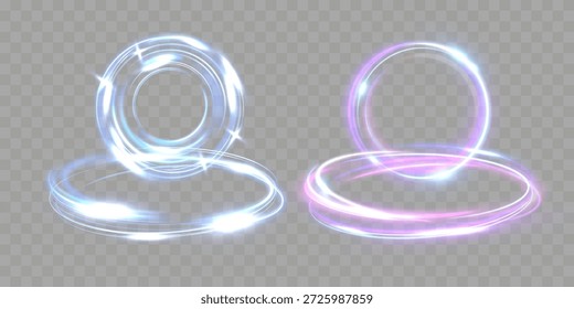 Dois suaves anéis luminosos brilhantes em azul gelado e rosa pastel flutuam acima de um fundo neutro, formando halos abstratos suaves com movimento suave e trilhas luminosas limpas.
